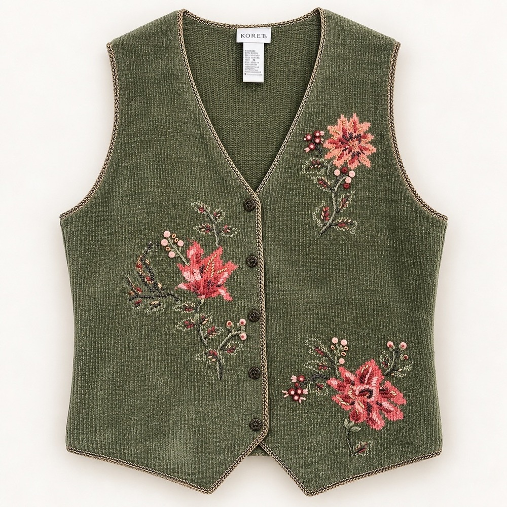 Vtg Floral Embroidered Sweater Vest Sz M Olive Green Cottagecore Grannycore Boho